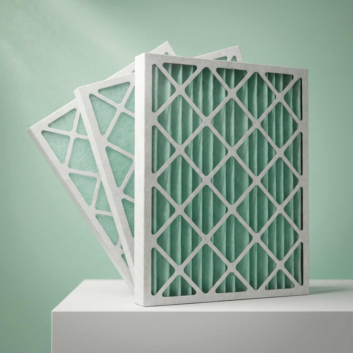 Four inch cardboard air filter frame, regular size, with green pleated filter media on a mint backdrop