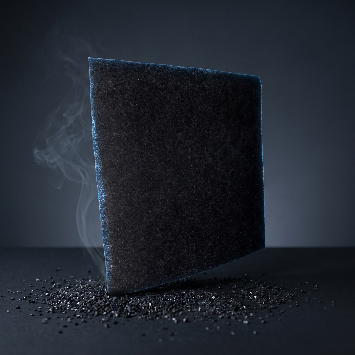 Black activated carbon air filter screen standing in scattered carbon granules with drifting smoke