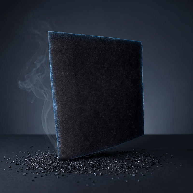 Black activated carbon air filter screen standing in scattered carbon granules with drifting smoke