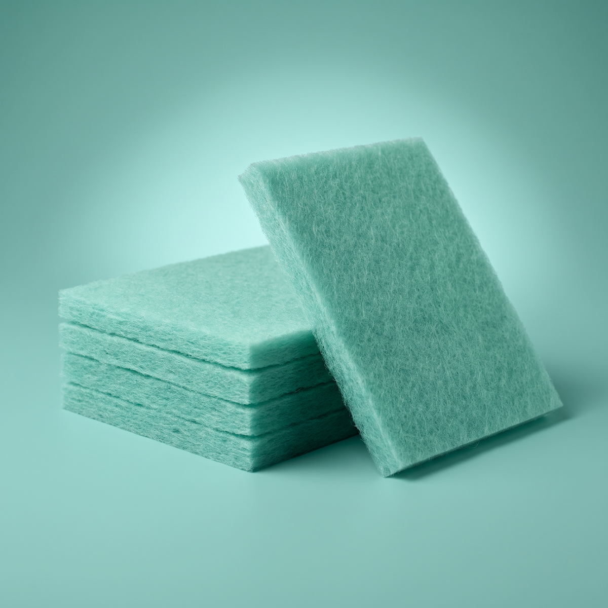 Stack of green four inch box frame refill screens in thick non-woven fiber on a mint backdrop