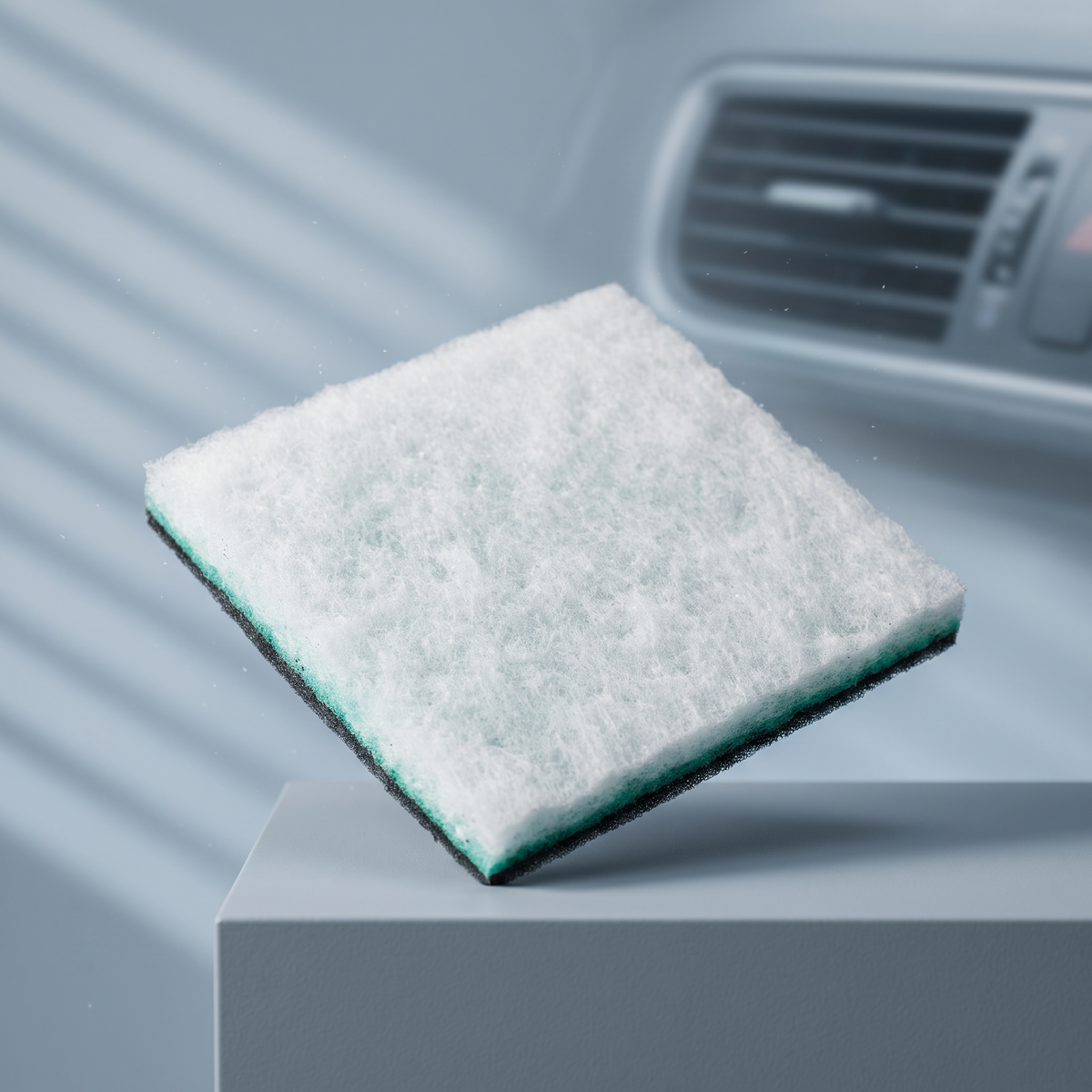 White and green automobile cabin air filter floating in front of a car dashboard vent